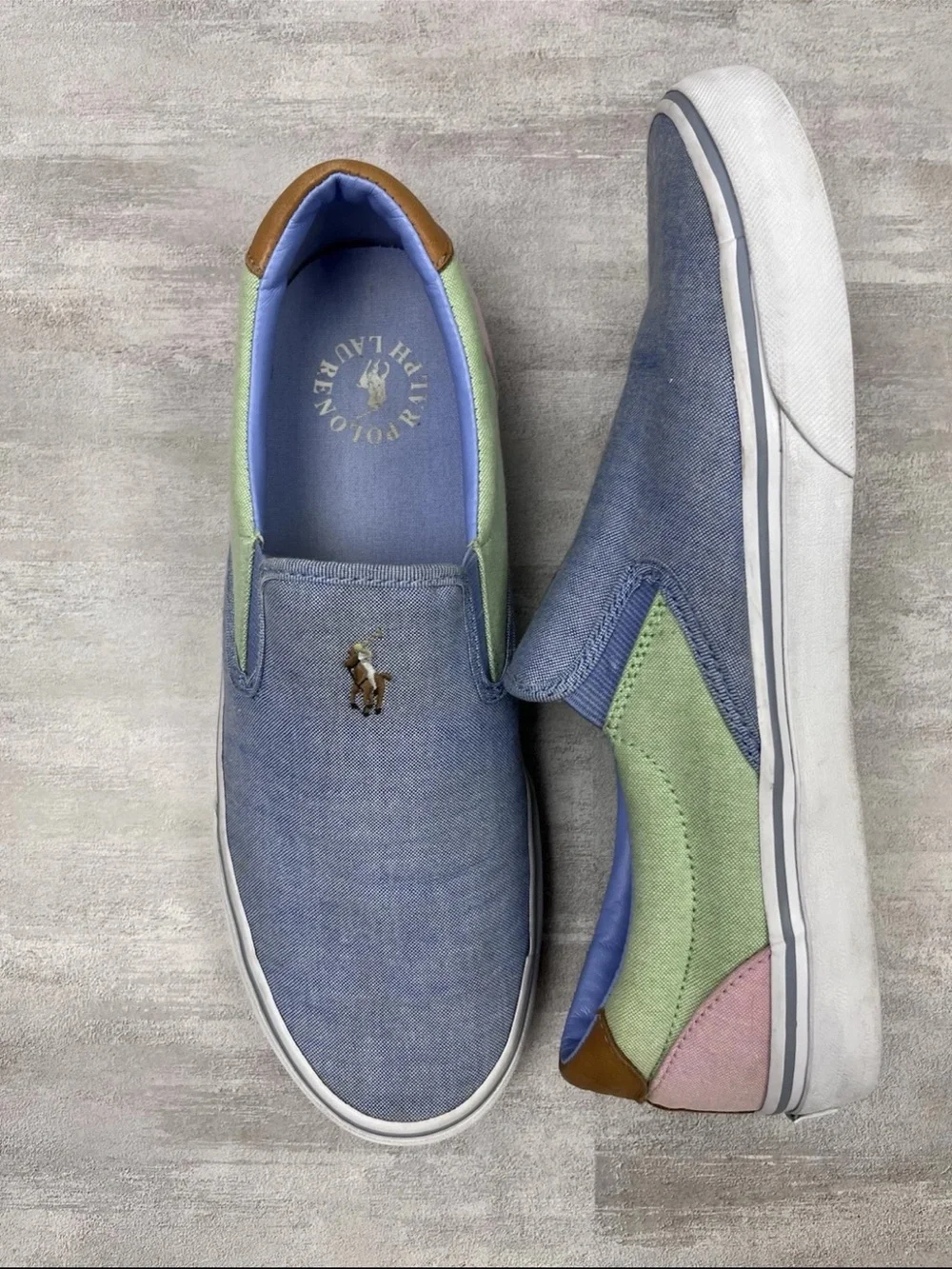 Polo Ralph Lauren Slip On Canvas Boat Shoes Men 11D Pastel Pink Blue Pink Green